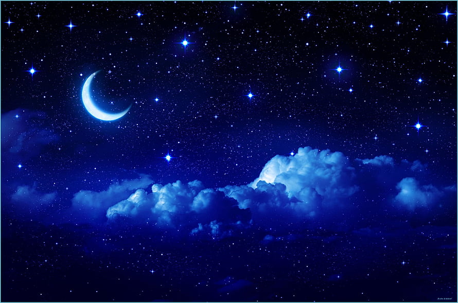 Crescent Moon and Starry Night Sky with Glowing Clouds HD wallpaper