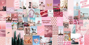 Light Pink Aesthetic Collage Grid Featuring Retro Cars, Palm Trees, and Inspirational Quotes HD wallpaper