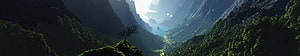 Majestic Mountain Valley With Sunlit Lake And Lush Forest Panorama HD wallpaper