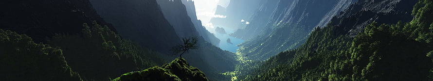 Majestic Mountain Valley With Sunlit Lake And Lush Forest Panorama HD wallpaper