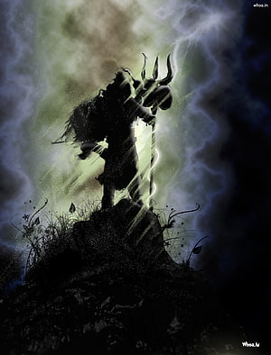 Dark Fantasy Silhouette of a Horned Warrior with Lightning Staff HD phone wallpaper
