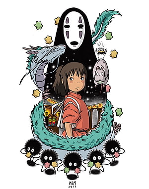 Spirited Away Character Illustration Featuring Chihiro, No-Face, Haku, and Soot Sprites in Studio Ghibli Style HD phone wallpaper