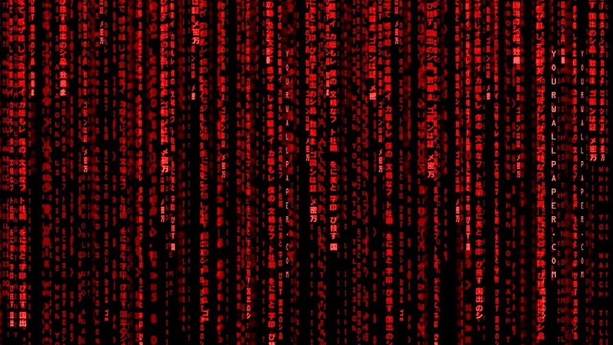 Red Matrix Digital Rain with Japanese Characters and Glitch Text HD wallpaper