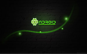 Glowing Android Robot Logo on Dark Brick Wall with Neon Green Light Trails HD wallpaper
