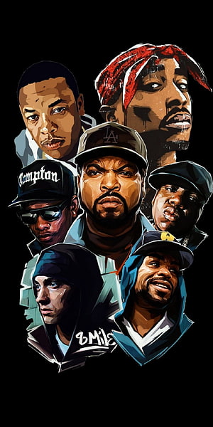 N.W.A Hip Hop Group Illustration Featuring Eazy-E, Dr. Dre, Ice Cube, MC Ren, DJ Yella, and Arabian Prince HD phone wallpaper