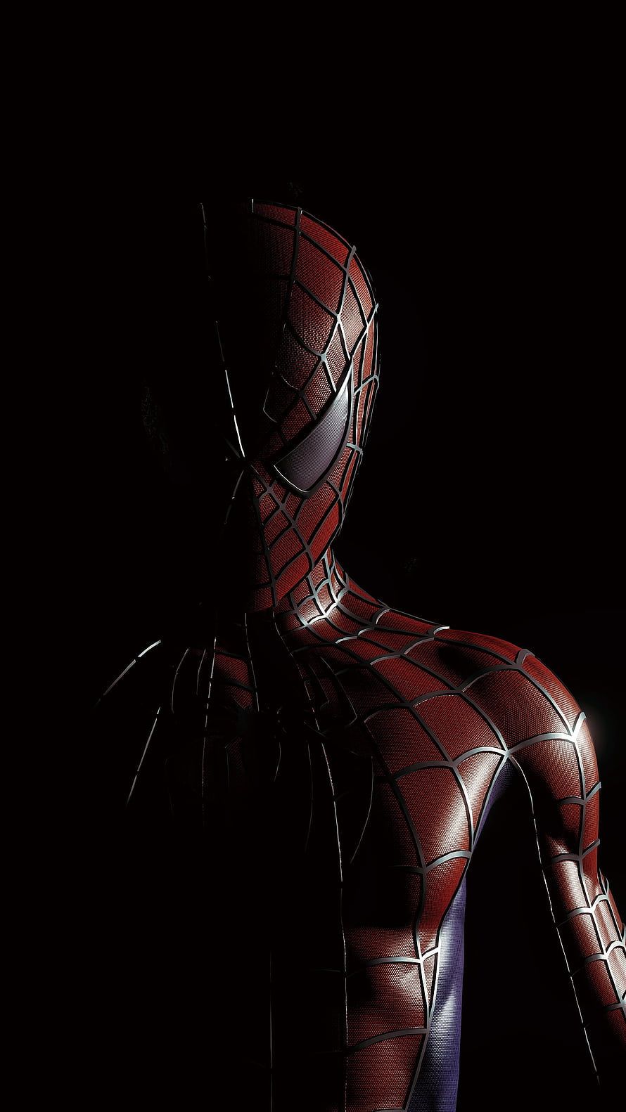 Spider-Man in Classic Red and Blue Suit with Dramatic Side Lighting Against Black Background, The Spider-Man, samraimi, marvel, tobey Maguire, oldspiderman, superhero, spiderman HD phone wallpaper
