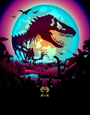 Jurassic Park T-Rex Silhouette Wallpaper with Jeep and Neon Moon HD phone wallpaper
