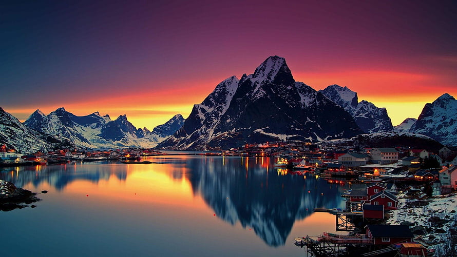 Reine Village Lofoten Islands Norway Sunset Reflections HD wallpaper