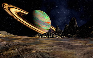 Alien Planet Landscape With Colorful Ringed Gas Giant And Rocky Mountains HD wallpaper