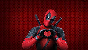 Deadpool Making a Heart Shape with Hands Against a Red Hexagonal Pattern Background HD wallpaper