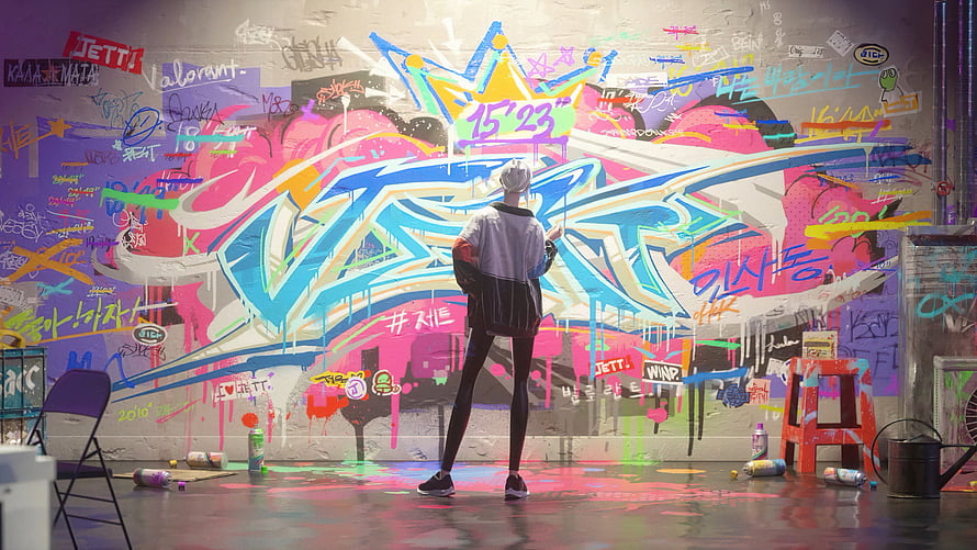 Valorant Jett Character Standing Before Vibrant Graffiti Wall Art HD wallpaper
