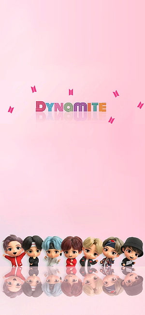 BTS Dynamite Chibi Characters Pink Background Wallpaper HD phone wallpaper