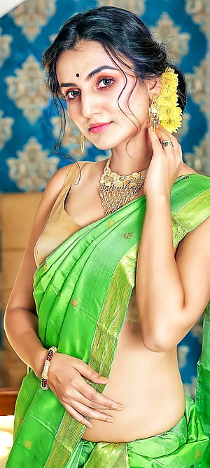 Woman in Green Silk Saree with Gold Jewelry and Floral Hair Accessory, Beautiful girl, Sari, Indian HD phone wallpaper