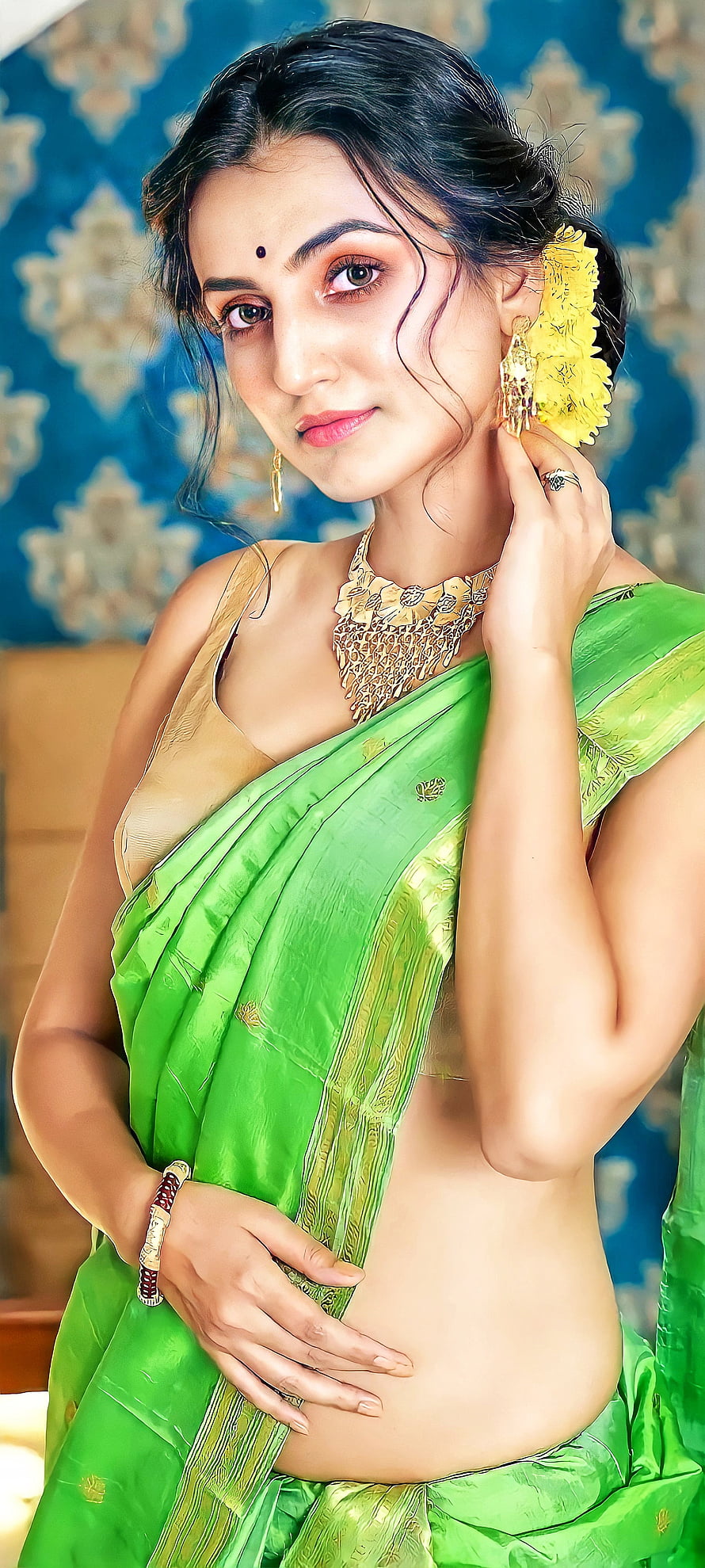 Woman in Green Silk Saree with Gold Jewelry and Floral Hair Accessory, Beautiful girl, Sari, Indian HD phone wallpaper