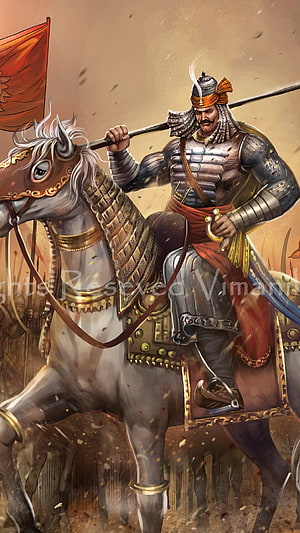 Illustration of a medieval warrior on horseback in ornate armor holding a spear HD phone wallpaper