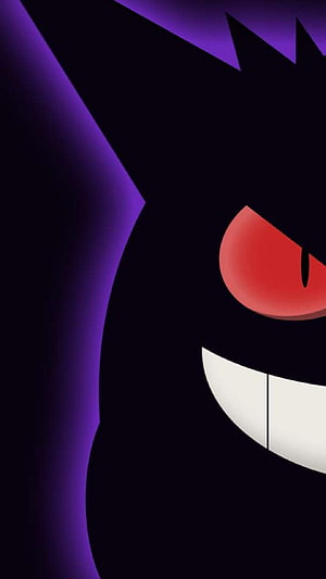 Gengar Close-Up Portrait with Glowing Red Eyes and Menacing Grin on Dark Purple Background HD phone wallpaper