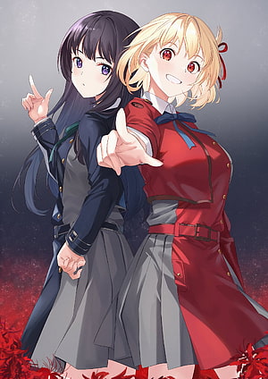 Lycoris Recoil Anime Illustration of Two Female Characters in School Uniforms HD phone wallpaper
