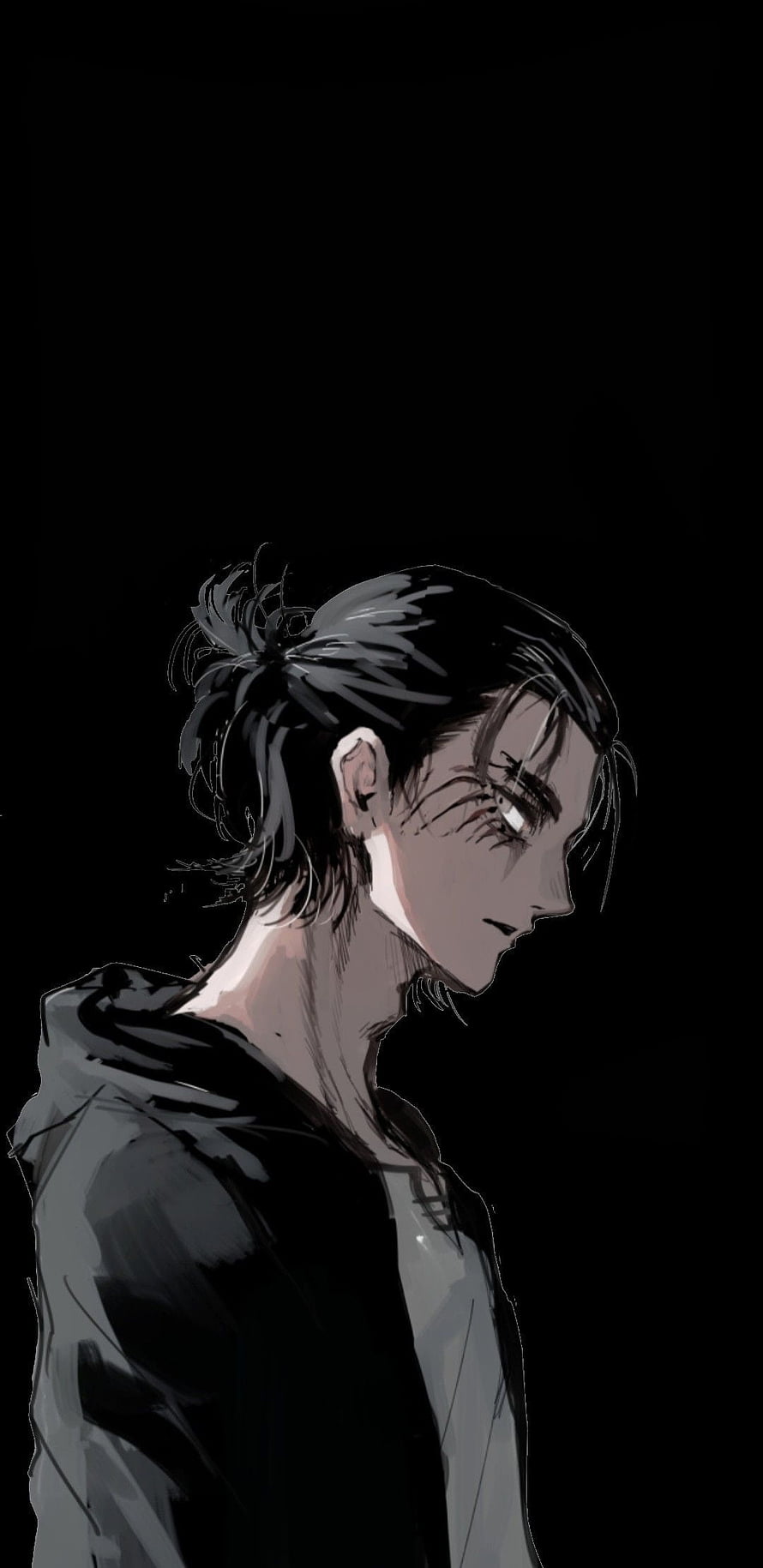 Anime Boy With Messy Bun Hair Looking Down In Dark Hoodie HD phone wallpaper