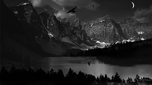 Monochrome Mountain Lake Landscape with Eagles and Crescent Moon HD wallpaper