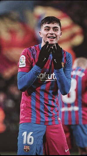 Pedri in FC Barcelona Home Kit Celebrating on the Pitch HD phone wallpaper