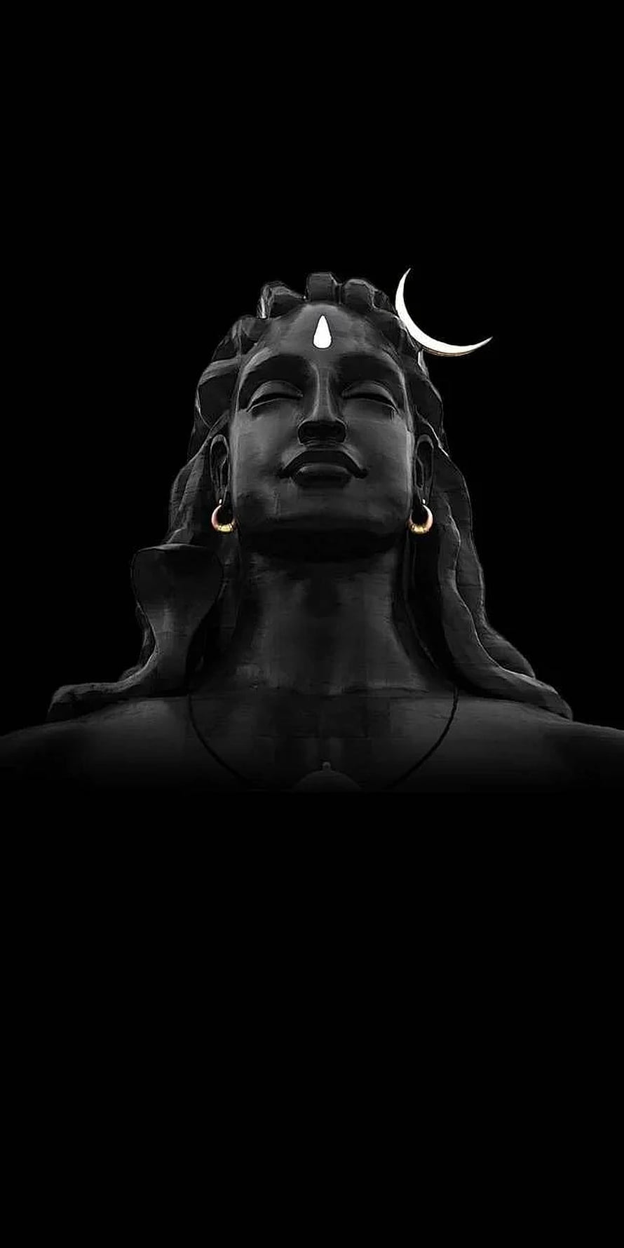 Serene Shiva Statue Portrait With Crescent Moon And Third Eye On Black Background HD phone wallpaper