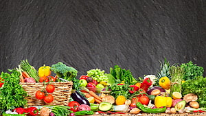 Colorful Fresh Produce Arrangement With Basket On Dark Slate Background HD wallpaper