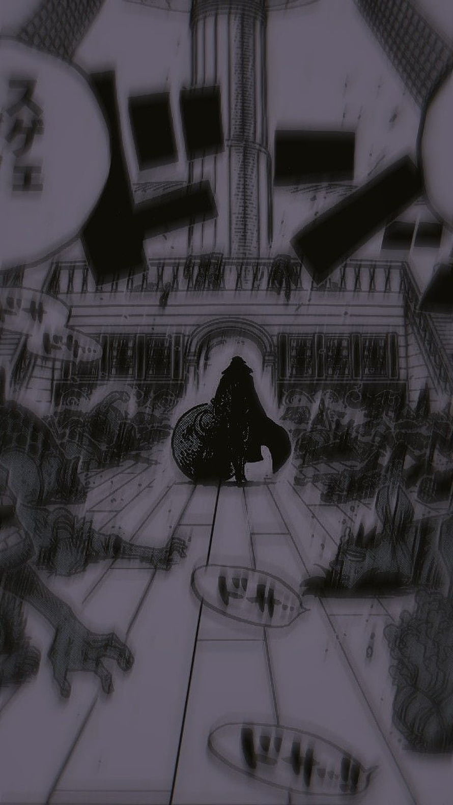Dark Fantasy Manga Panel Featuring A Cloaked Figure In A Grand Hall, Shanks, monkey, piece, haki, one, luffy, manga, zoro, anime HD phone wallpaper