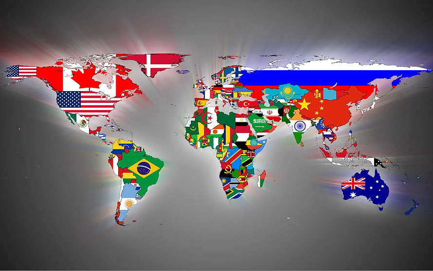World Map Filled With National Flags Of Every Country On A Gray Background HD wallpaper