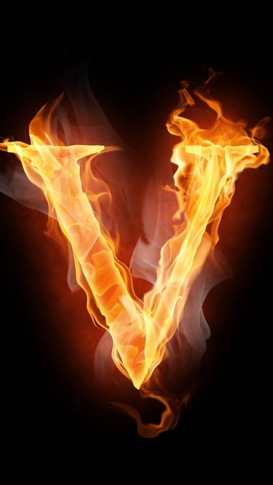 Fiery Letter V Alphabet Design With Burning Flames And Smoke On Black Background HD phone wallpaper