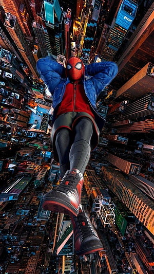 Spider-Man Miles Morales relaxing in New York City skyline at night, Spiderman city, dibujos, deporte HD phone wallpaper
