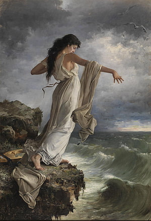 Woman in White Standing on Cliff Edge Over Stormy Sea, Romantic Age art - Sappho - Goddess of Love Classic Wall Art Woman Poet Lesbian Lesbos Lesbian Decor Greek Poetess. Renaissance art paintings, Pre raphaelite art, Aesthetic art, Romanticism Art HD phone wallpaper
