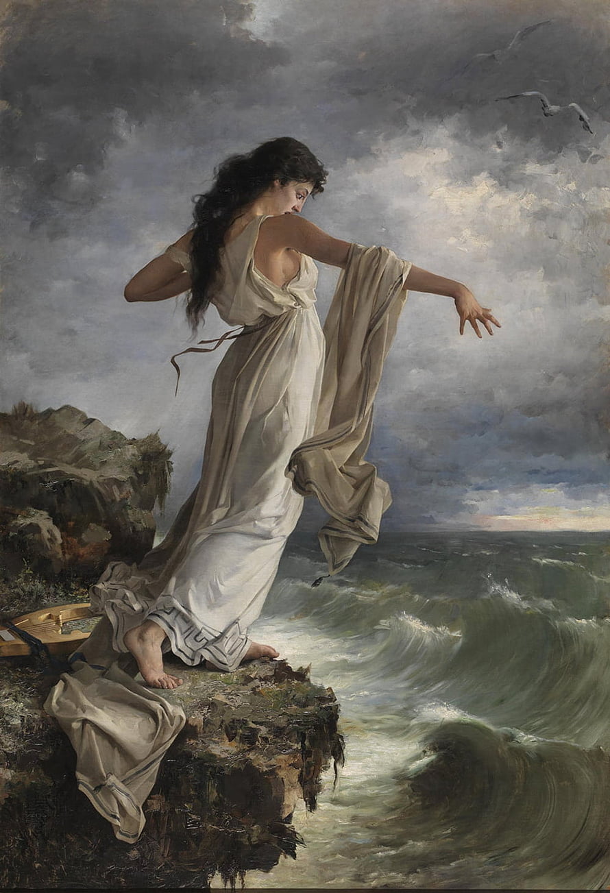 Woman in White Standing on Cliff Edge Over Stormy Sea, Romantic Age art - Sappho - Goddess of Love Classic Wall Art Woman Poet Lesbian Lesbos Lesbian Decor Greek Poetess. Renaissance art paintings, Pre raphaelite art, Aesthetic art, Romanticism Art HD phone wallpaper