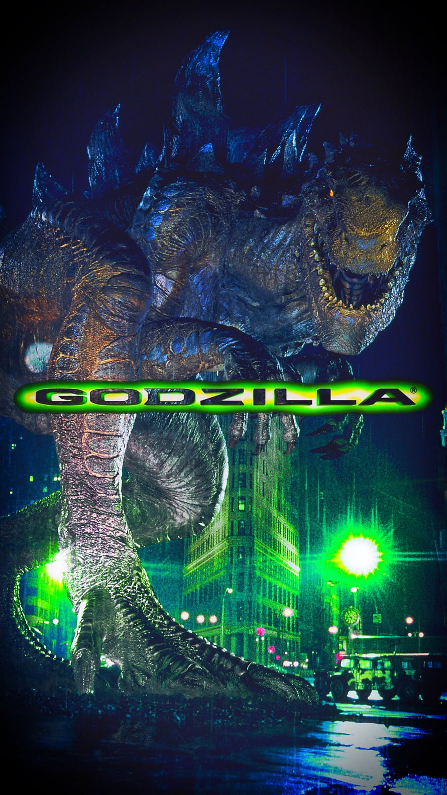 Godzilla 1998 Movie Poster Featuring Giant Monster in Rainy City at Night HD phone wallpaper