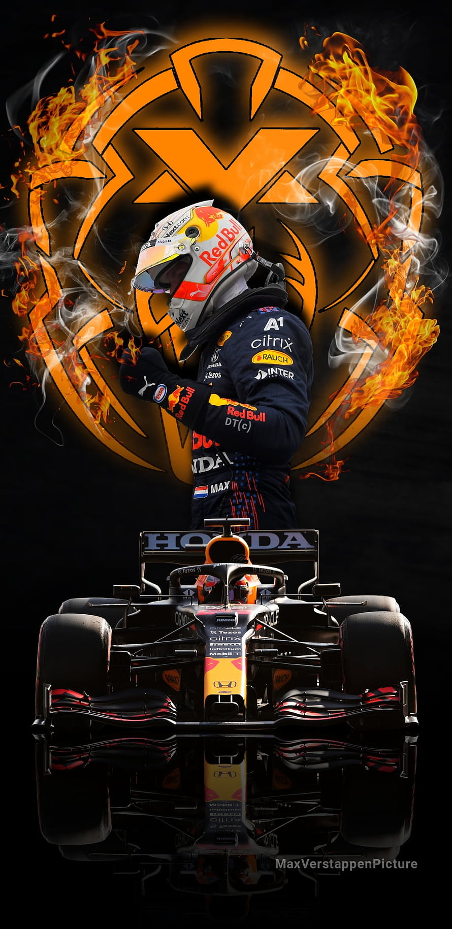 Max Verstappen Red Bull Racing F1 Driver with Honda Car and Fire Emblem HD phone wallpaper