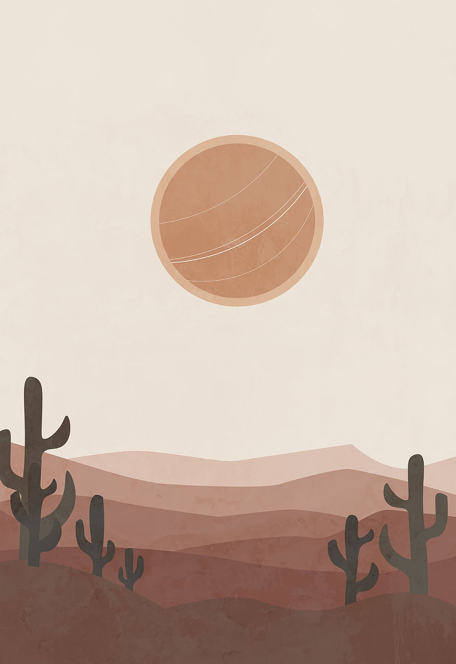 Minimalist Desert Landscape With Giant Planet And Cactus Silhouettes HD phone wallpaper