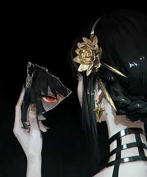 Yor Forger from Spy x Family holding a cracked mirror with a golden flower hairpin HD phone wallpaper