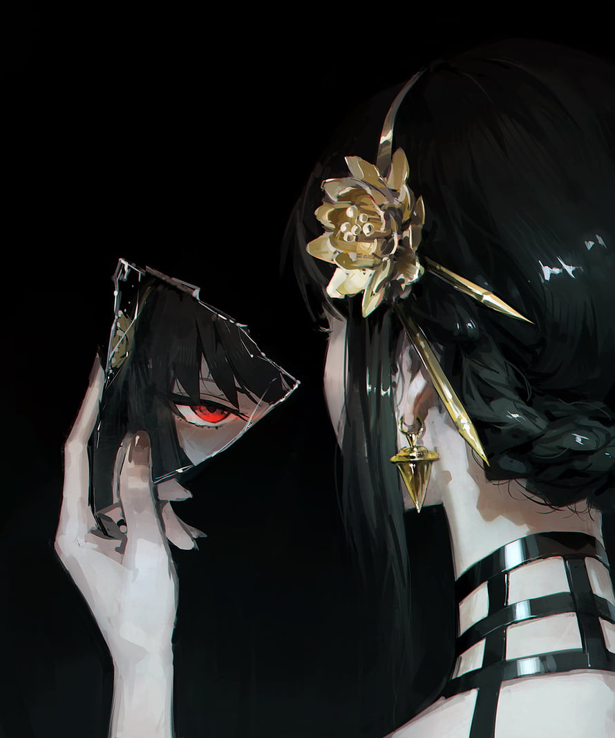 Yor Forger from Spy x Family holding a cracked mirror with a golden flower hairpin HD phone wallpaper