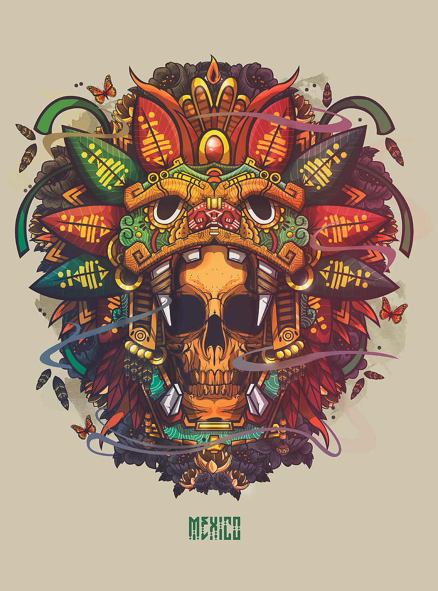 Aztec Skull Artwork with Quetzalcoatl Headdress and Vibrant Mexican Motifs HD phone wallpaper