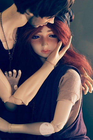 Intimate BJD Doll Couple Portrait with Red Hair and Dark Aesthetic HD phone wallpaper