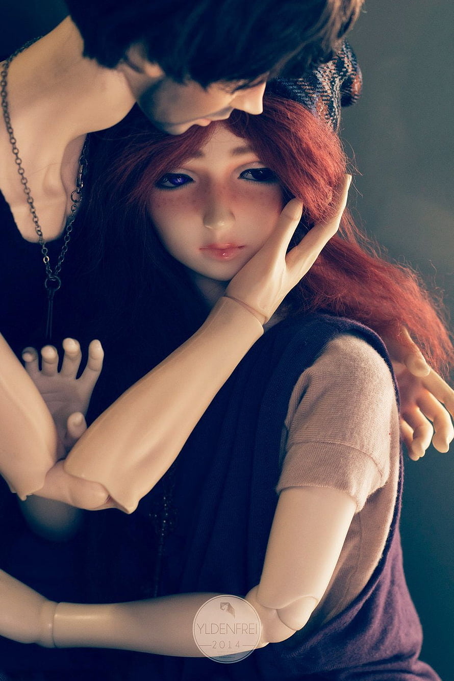 Intimate BJD Doll Couple Portrait with Red Hair and Dark Aesthetic HD phone wallpaper