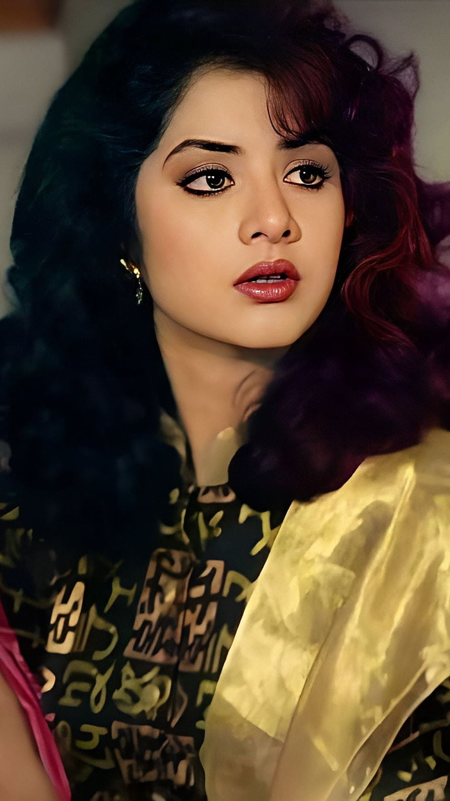 Divya Bharti in a vintage Bollywood portrait with voluminous dark hair and a gold patterned outfit HD phone wallpaper