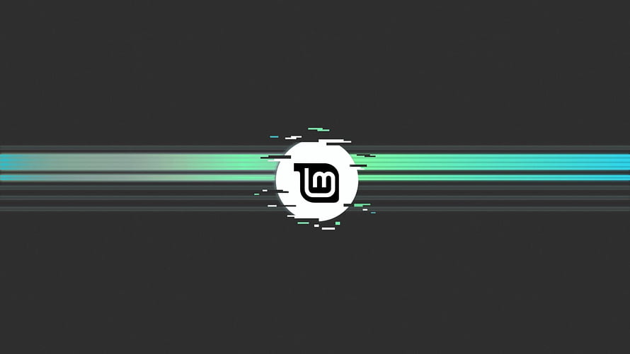 Linux Mint Glitch Art Logo with Neon Cyan and Green Horizontal Light Streaks on Dark Background HD wallpaper