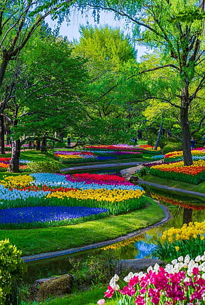 Vibrant Spring Garden with Colorful Tulip Beds and Winding Stream HD phone wallpaper