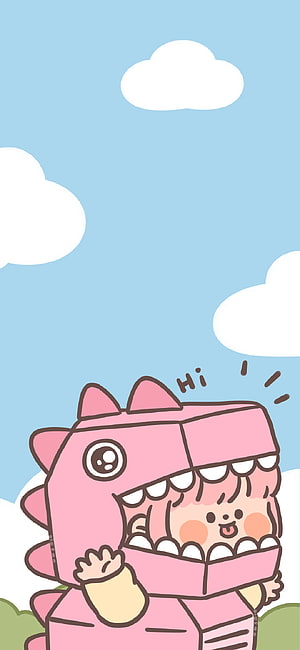 Cute Pink Dinosaur Costume Character Illustration with Blue Sky and Clouds HD phone wallpaper