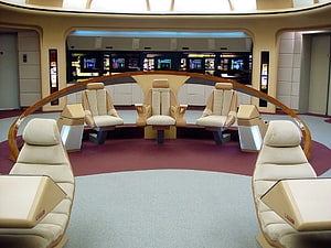 Star Trek Voyager Bridge Set Interior with Captain's Chair and Control Consoles HD wallpaper