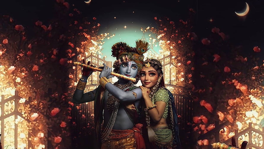 Radha and Krishna playing flute under moonlight with glowing flowers HD wallpaper