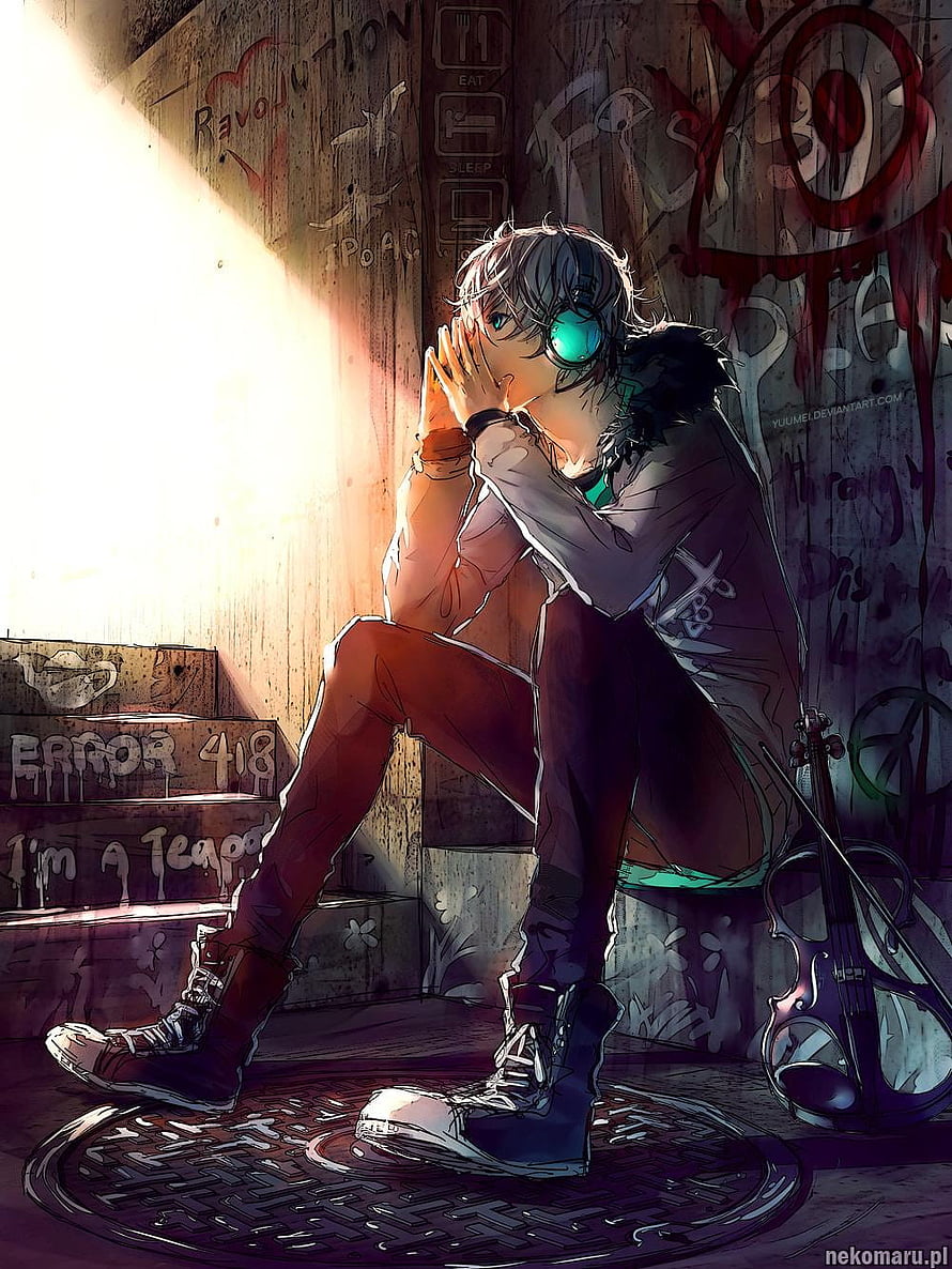 Anime Boy With Glowing Headphones Sitting On Graffiti Covered Stairs HD phone wallpaper