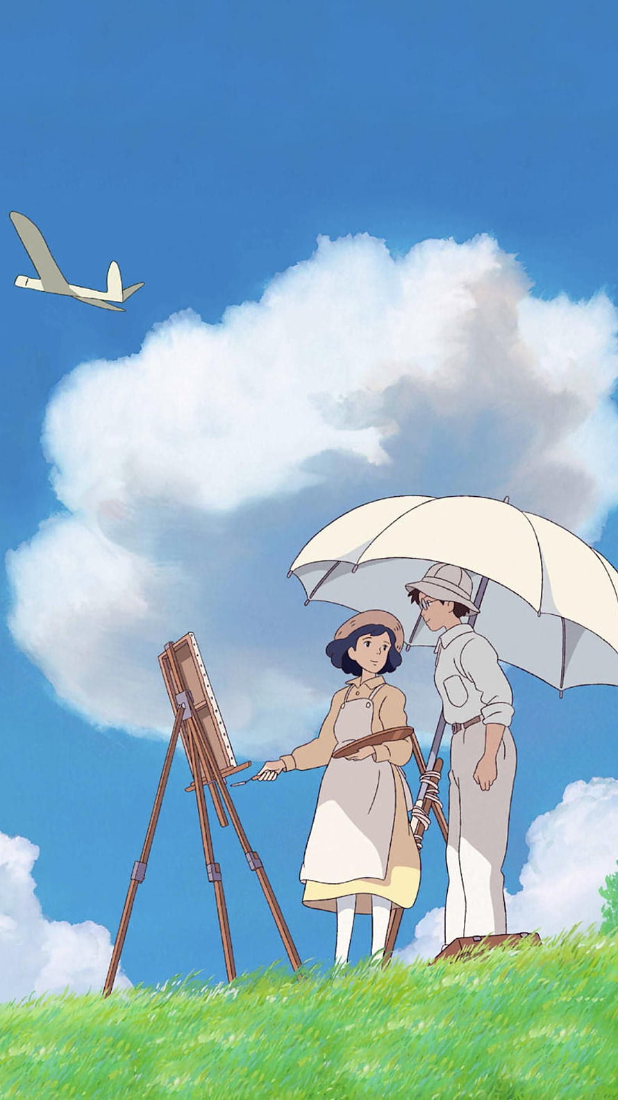 The Wind Rises Anime Scene: Woman Painting on a Grass Hill Under a Blue Sky with a Vintage Airplane, The Wind Rises (2013) in 2020. Studio ghibli HD phone wallpaper