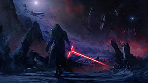 Kylo Ren Wielding Crossguard Lightsaber Amidst Star Wars Battle Scene HD wallpaper
