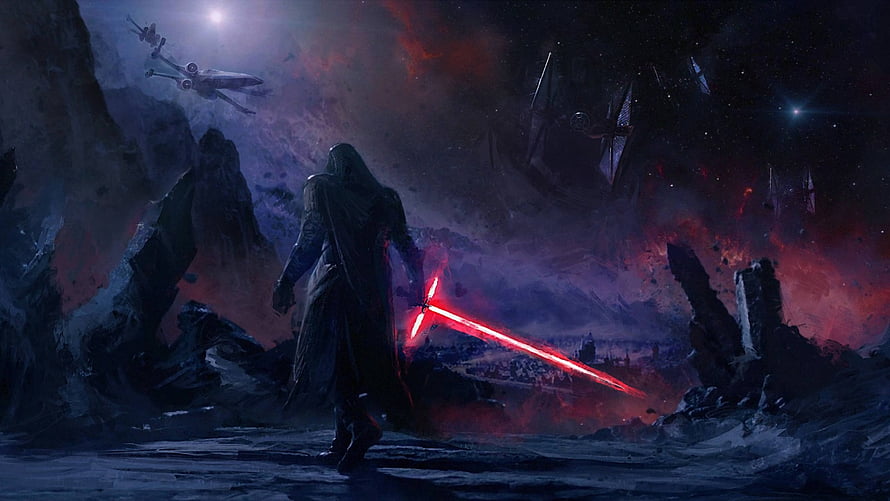Kylo Ren Wielding Crossguard Lightsaber Amidst Star Wars Battle Scene HD wallpaper
